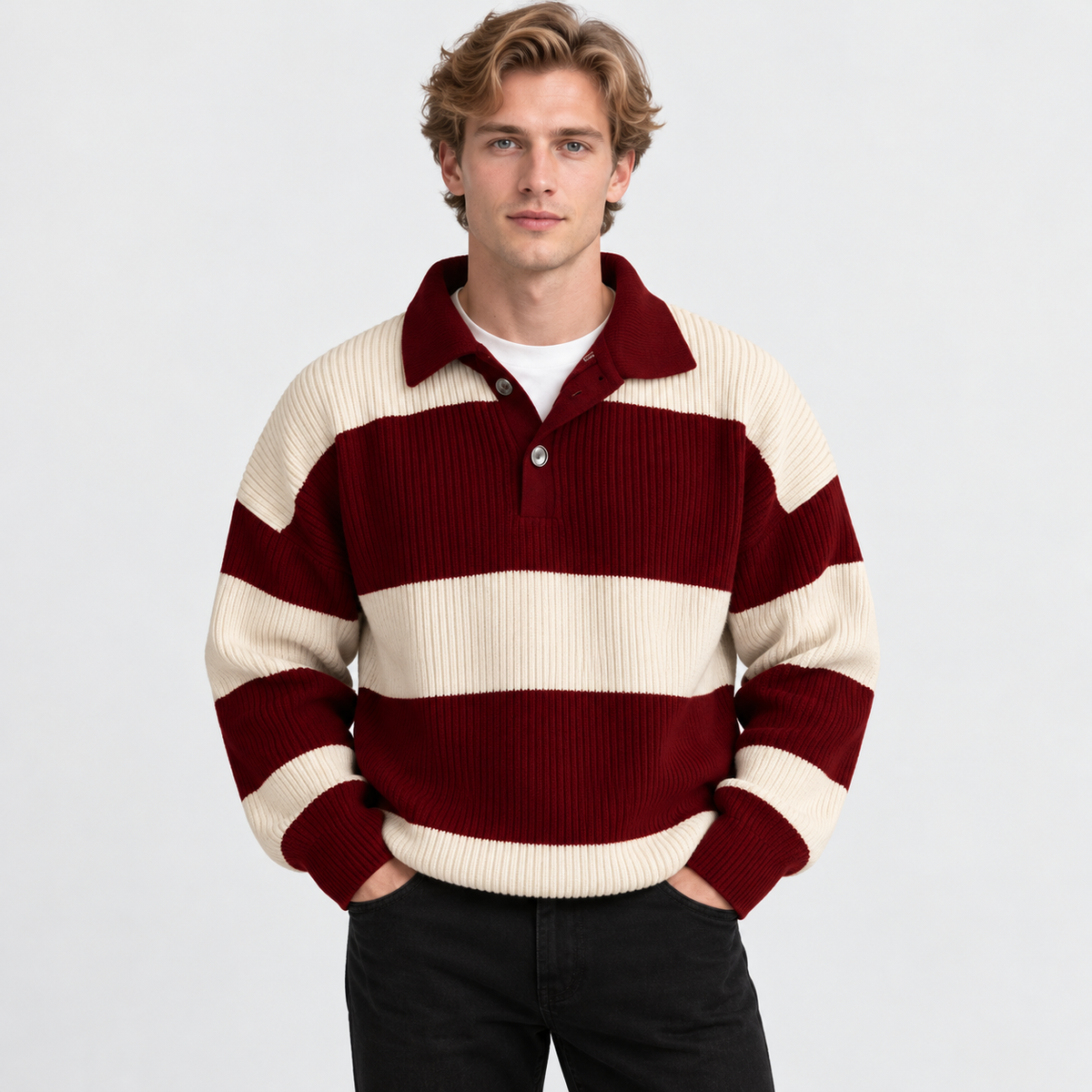 Montviro | Men's Striped Polo Sweater Knit Pullover Half Placket Top
