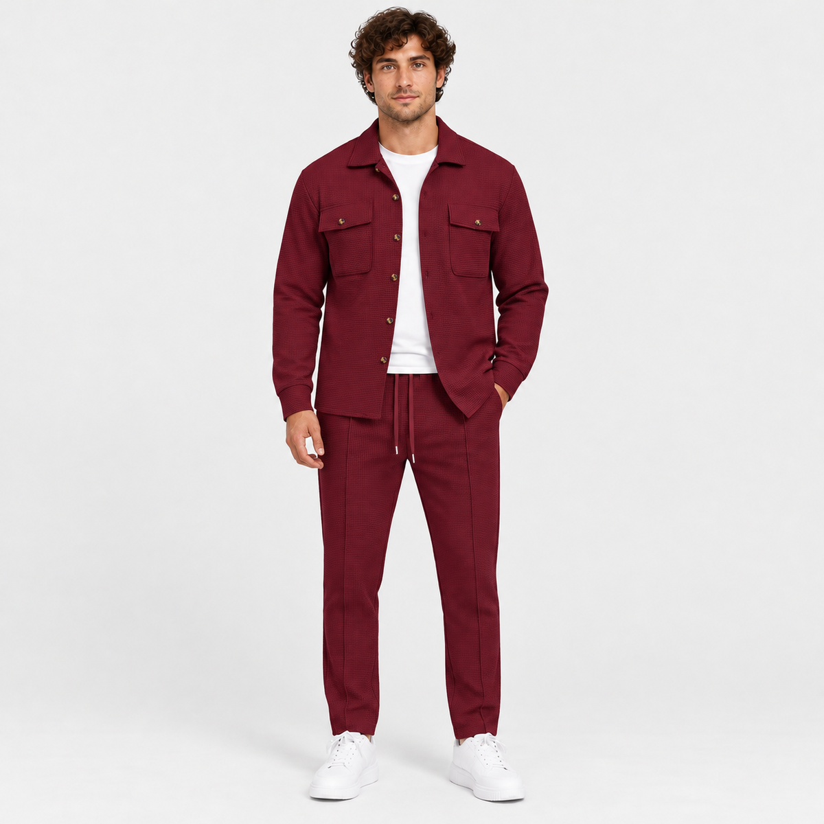 Montviro | Men's Waffle Knit Cardigan Set Button Shirt Pants Casual Outfit