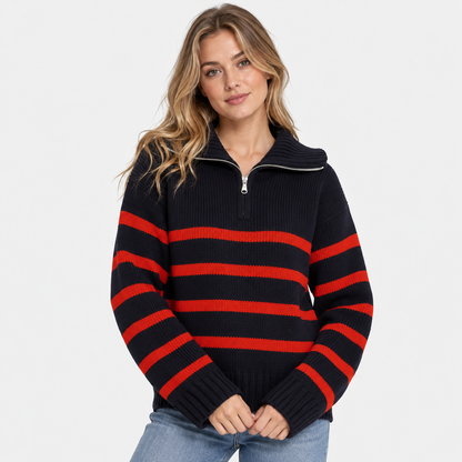 Montviro | Women's Half-Zip Sweater Striped High Neck Knit Pullover