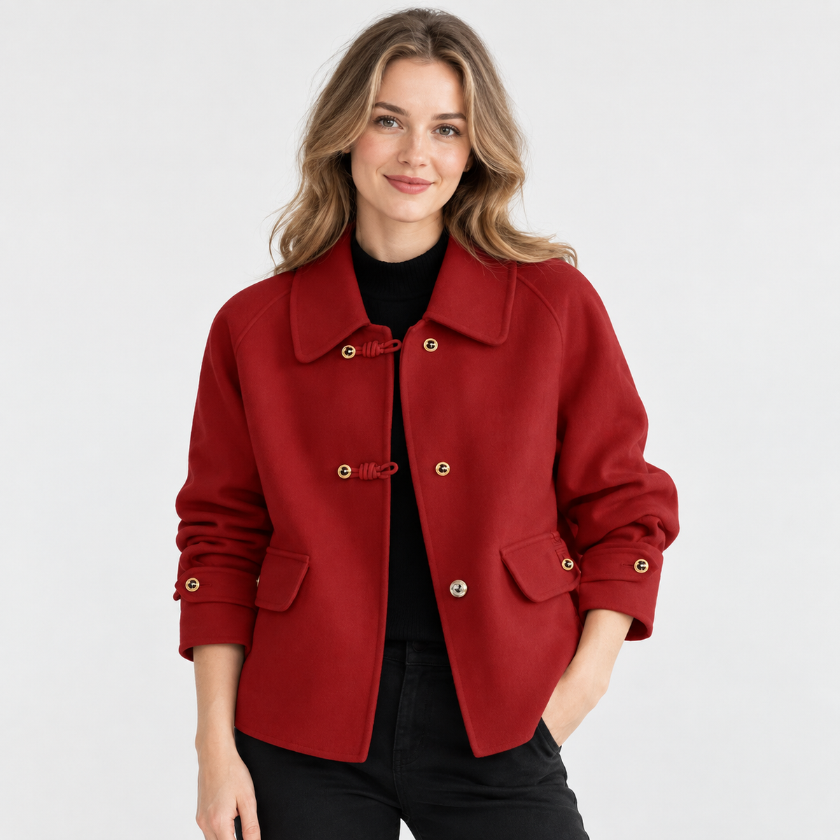 Montviro | Women's Tweed Pea Coat - Peter Pan Collar Pearl Buttons