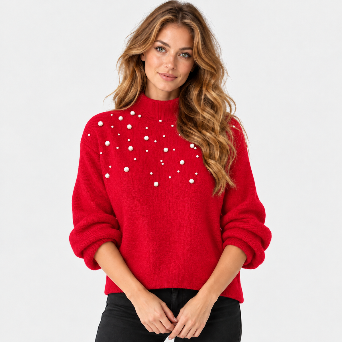 Montviro | Women's Pearl Beaded Pullover Sweater with High Neck