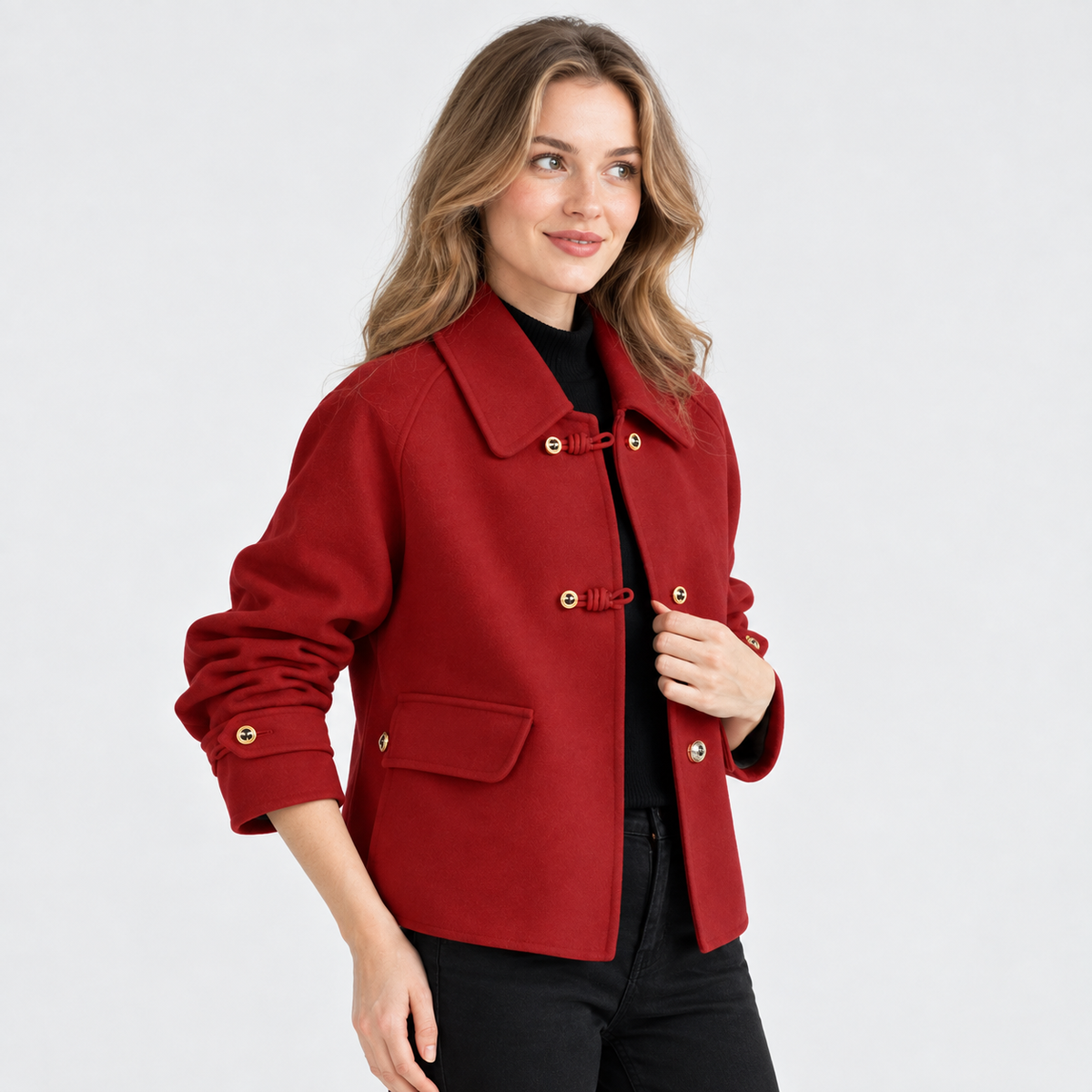 Montviro | Women's Tweed Pea Coat - Peter Pan Collar Pearl Buttons