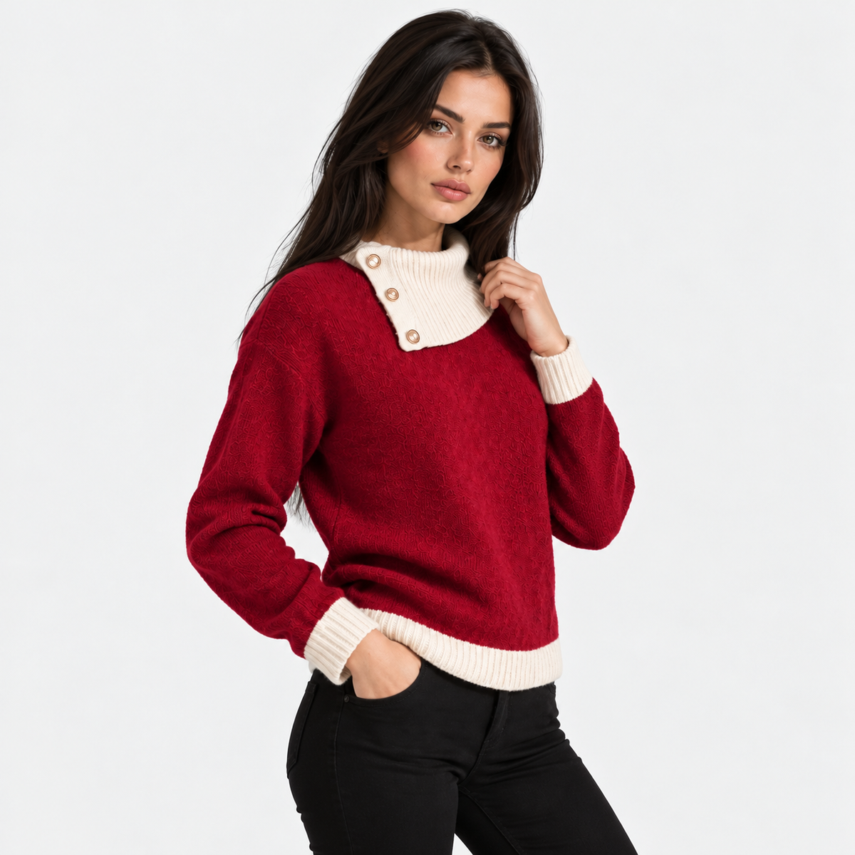 Montviro | Women's Asymmetric Neck Knit Sweater with Side Buttons
