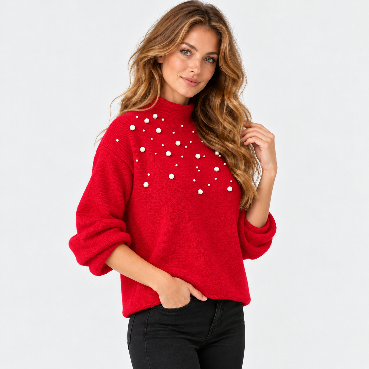Montviro | Women's Pearl Beaded Pullover Sweater with High Neck