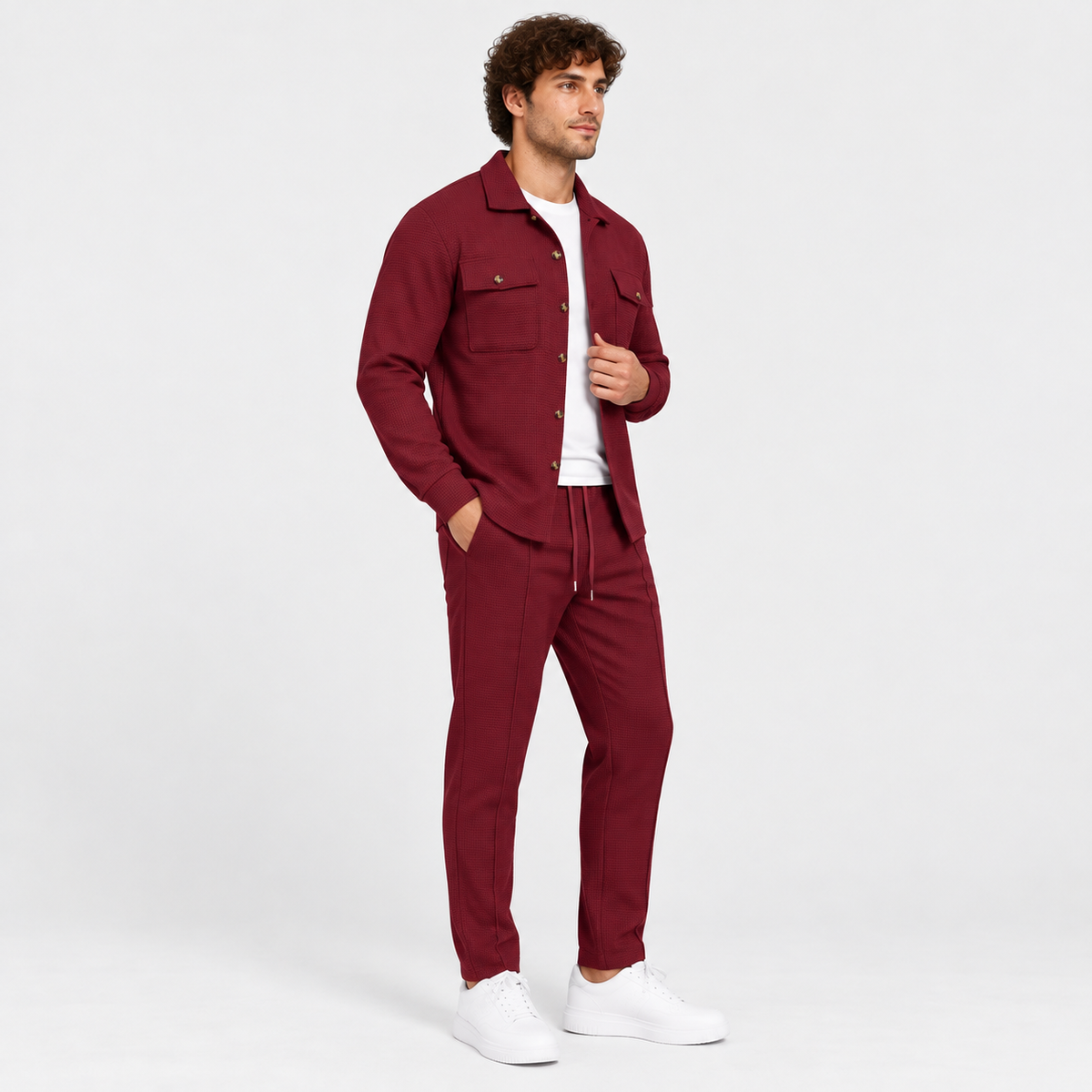 Montviro | Men's Waffle Knit Cardigan Set Button Shirt Pants Casual Outfit