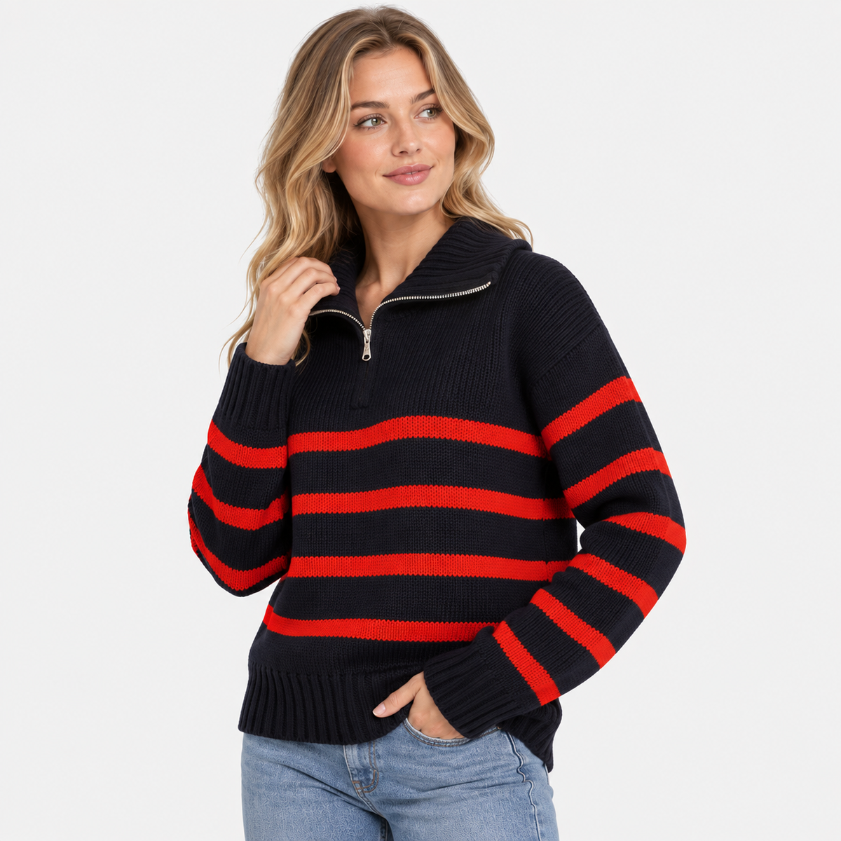 Montviro | Women's Half-Zip Sweater Striped High Neck Knit Pullover