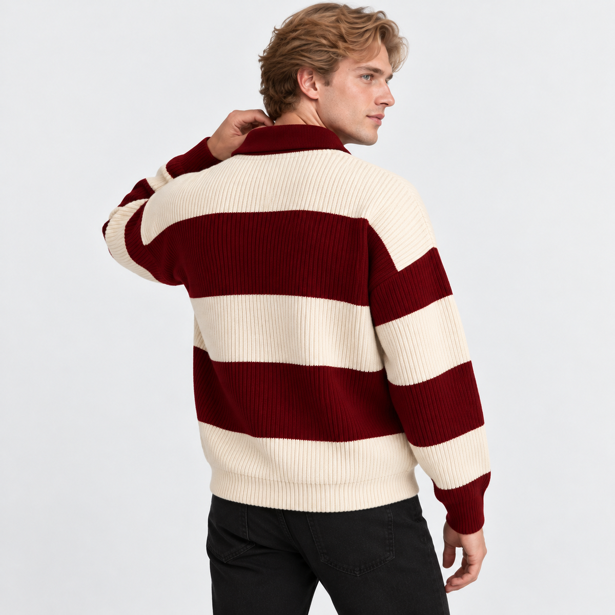 Montviro | Men's Striped Polo Sweater Knit Pullover Half Placket Top