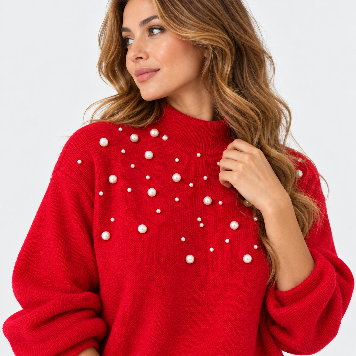 Montviro | Women's Pearl Beaded Pullover Sweater with High Neck