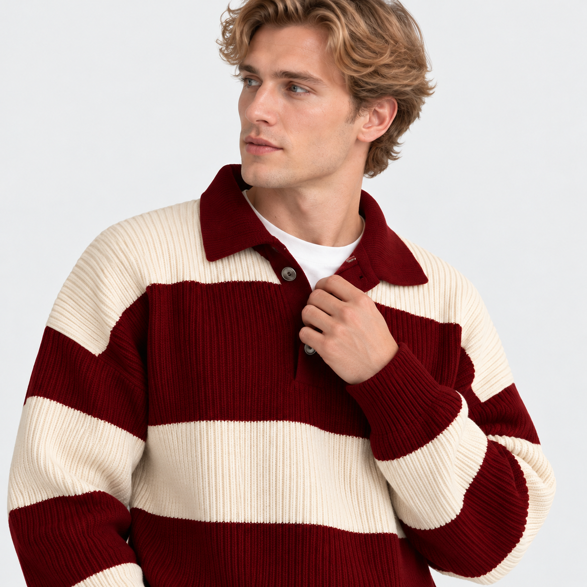 Montviro | Men's Striped Polo Sweater Knit Pullover Half Placket Top