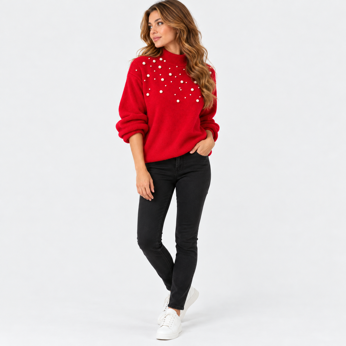 Montviro | Women's Pearl Beaded Pullover Sweater with High Neck