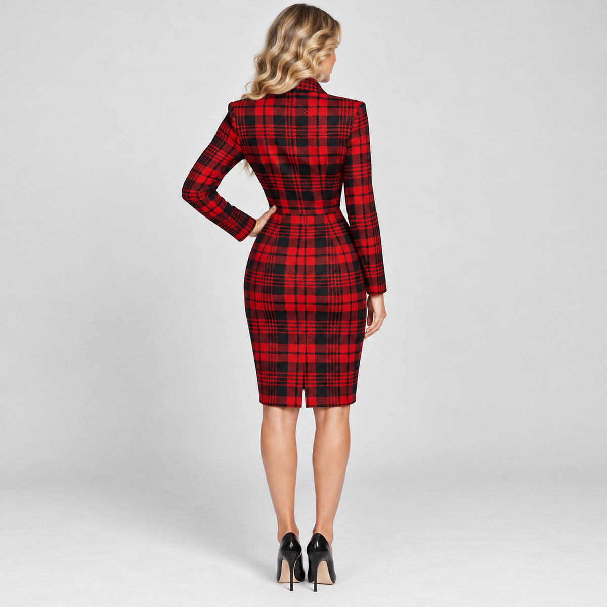 Montviro | Women's Plaid Shirt Dress Double Breasted Fitted Formal Dress