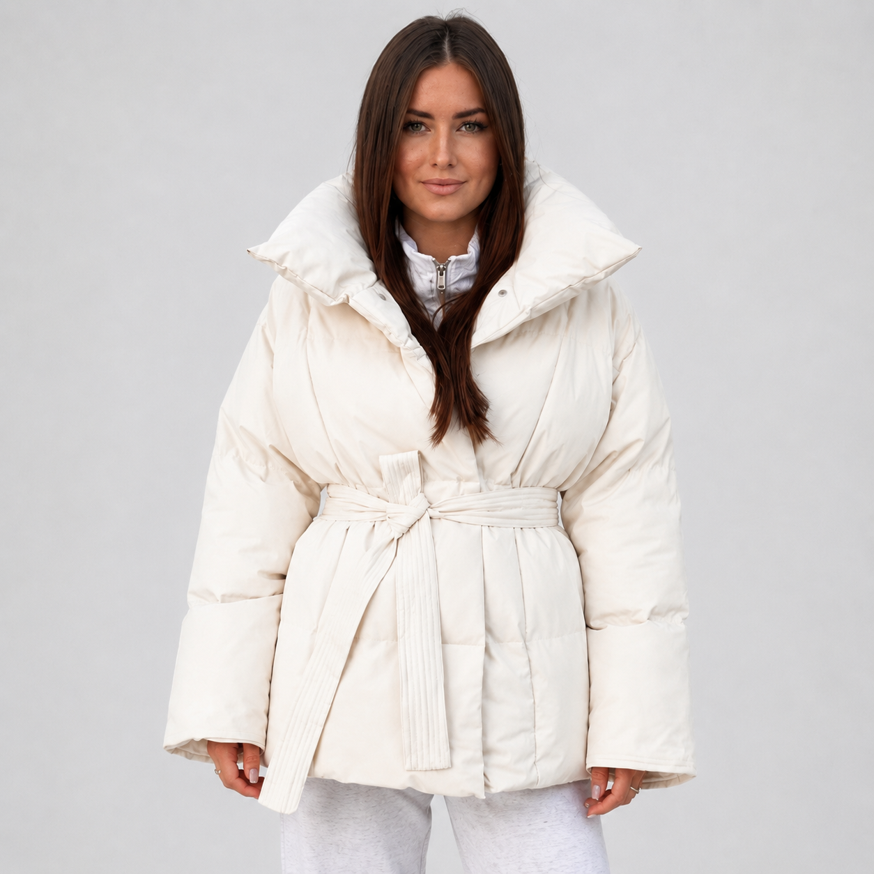 Women's Belted Puffer Coat - Stand Collar Winter Jacket