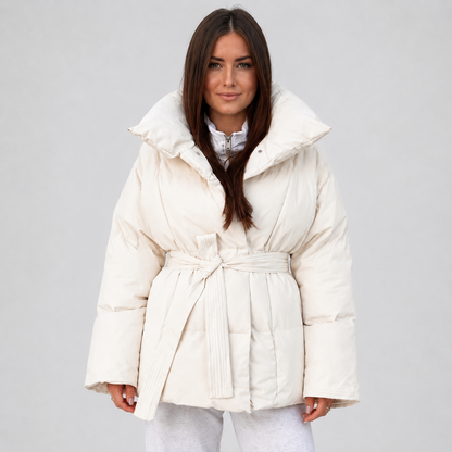 Women's Belted Puffer Coat - Stand Collar Winter Jacket