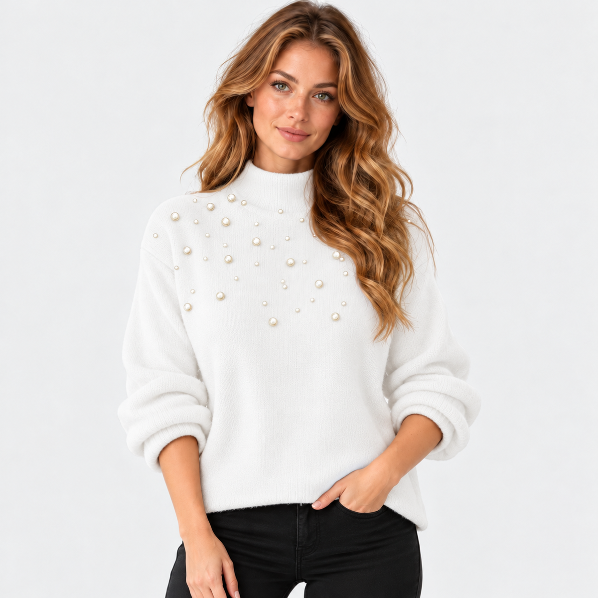 Montviro | Women's Pearl Beaded Pullover Sweater with High Neck