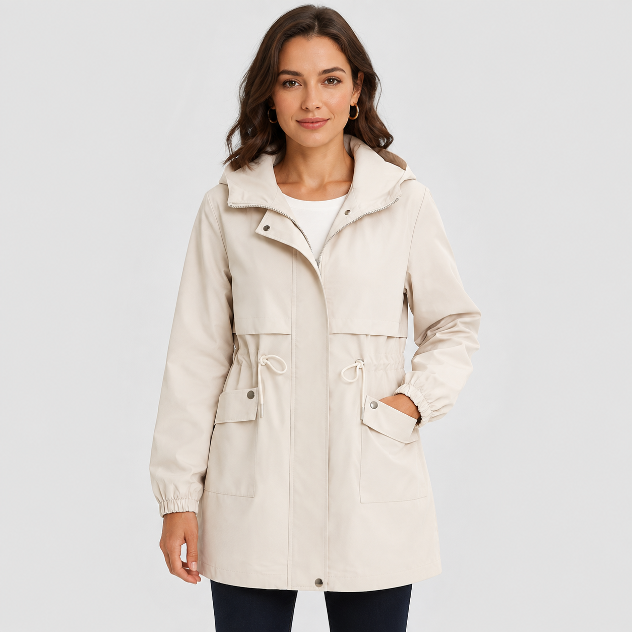 Montviro | Women's Hooded Trench Coat - Drawstring Waist Knee Length