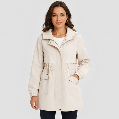 Montviro | Women's Hooded Trench Coat - Drawstring Waist Knee Length