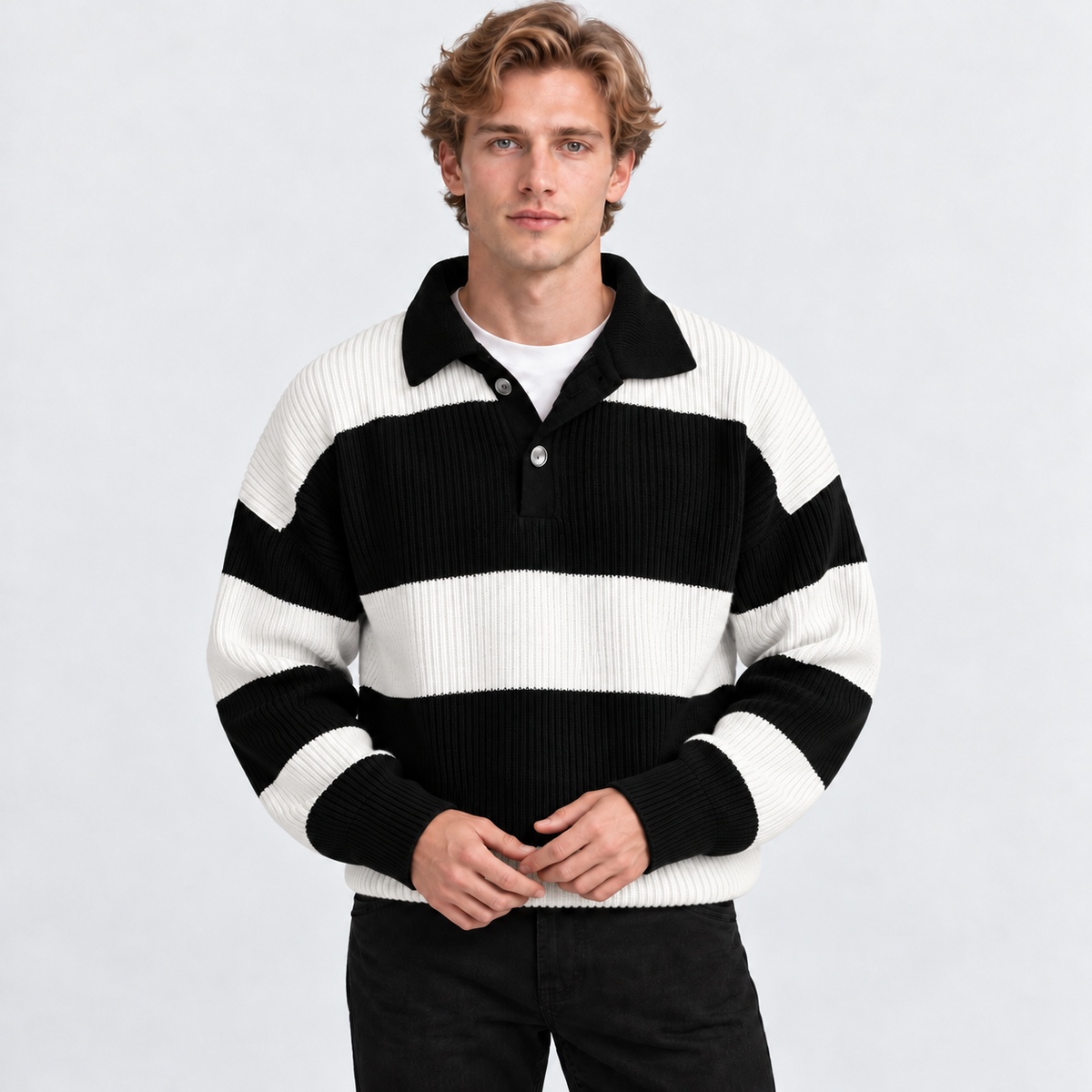 Montviro | Men's Striped Polo Sweater Knit Pullover Half Placket Top