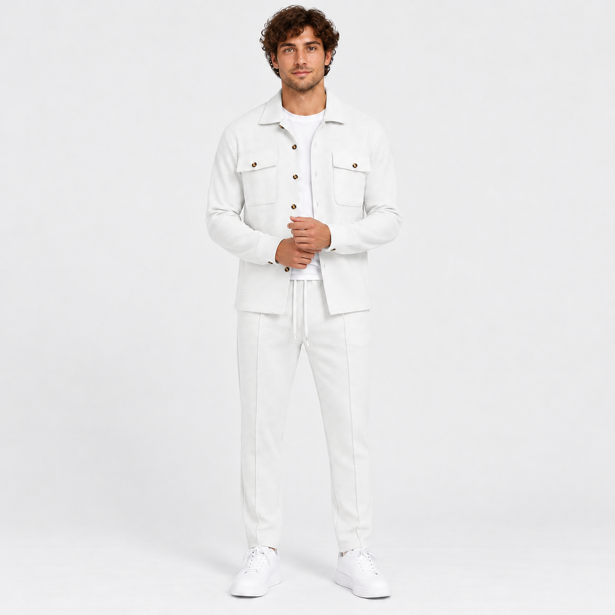 Montviro | Men's Waffle Knit Cardigan Set Button Shirt Pants Casual Outfit