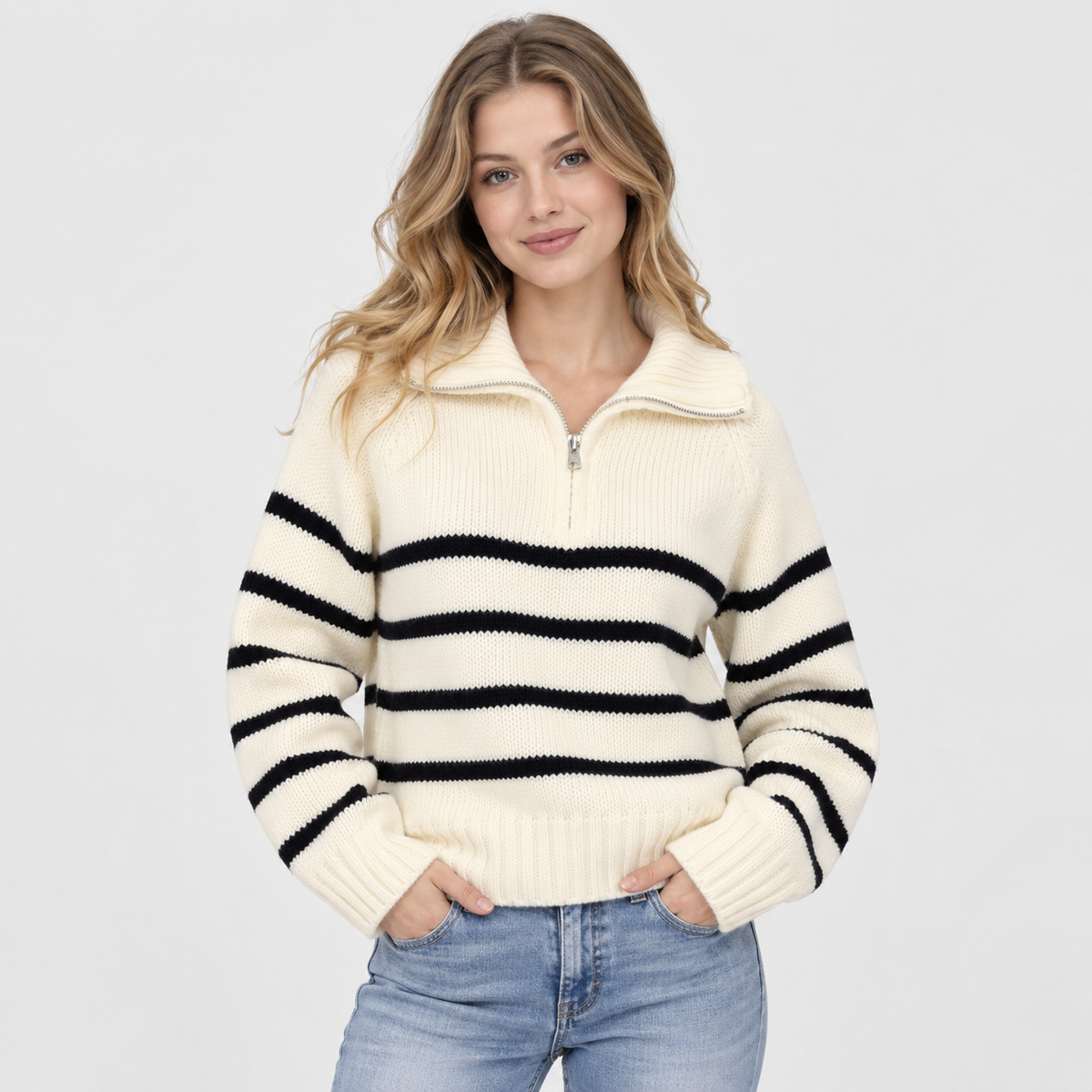 Montviro | Women's Half-Zip Sweater Striped High Neck Knit Pullover