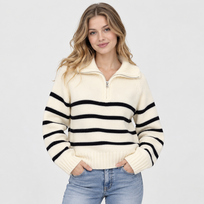 Montviro | Women's Half-Zip Sweater Striped High Neck Knit Pullover