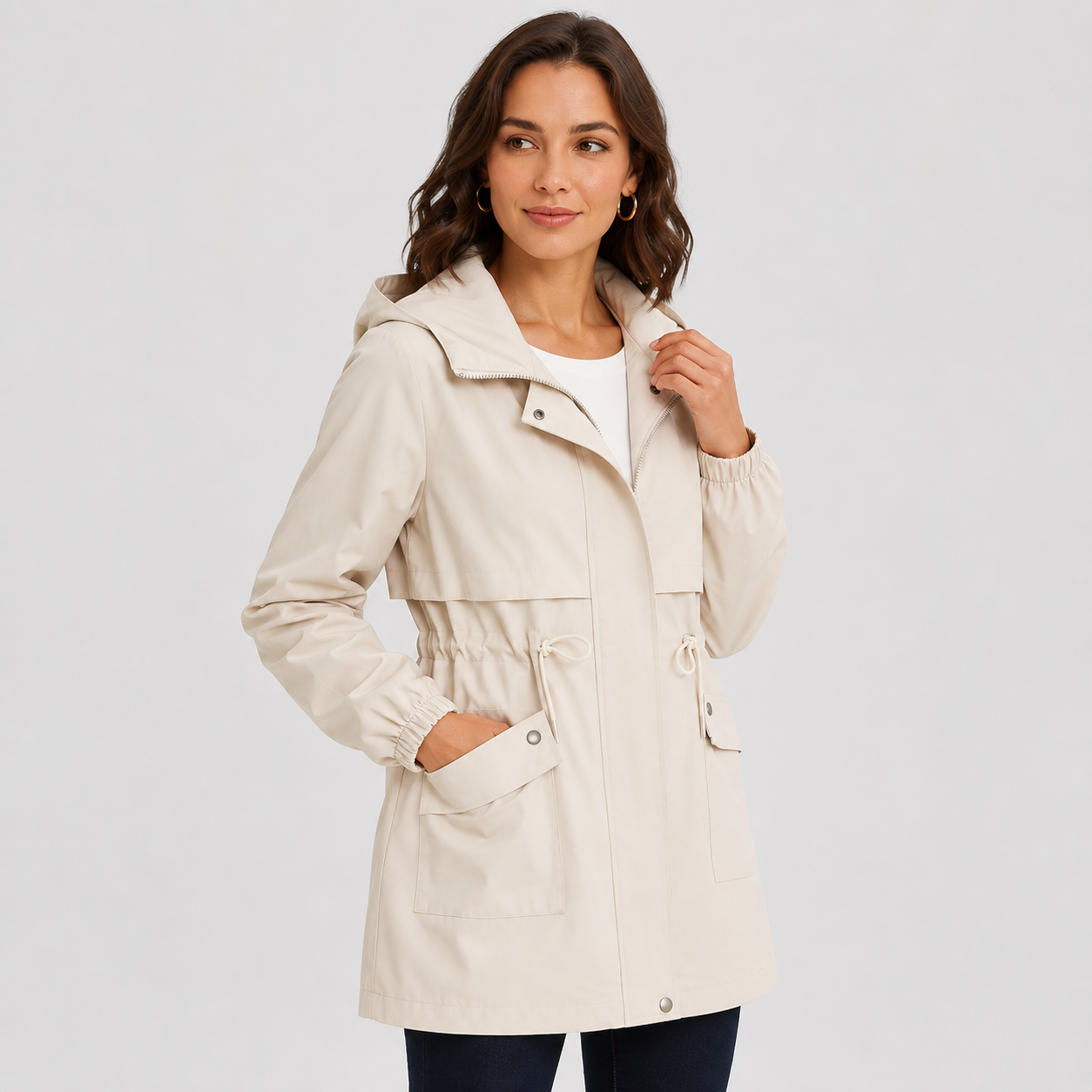 Montviro | Women's Hooded Trench Coat - Drawstring Waist Knee Length