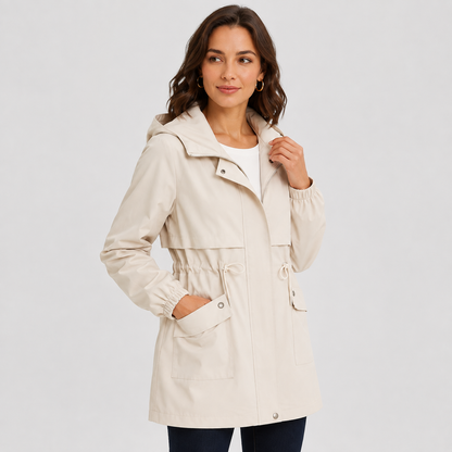 Montviro | Women's Hooded Trench Coat - Drawstring Waist Knee Length