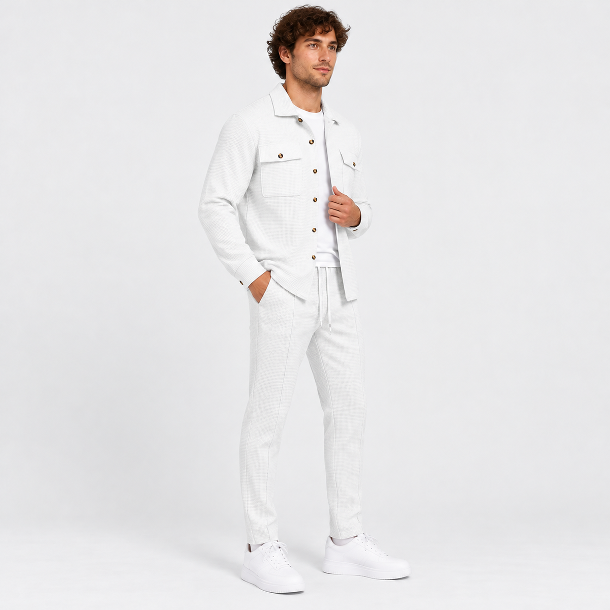 Montviro | Men's Waffle Knit Cardigan Set Button Shirt Pants Casual Outfit