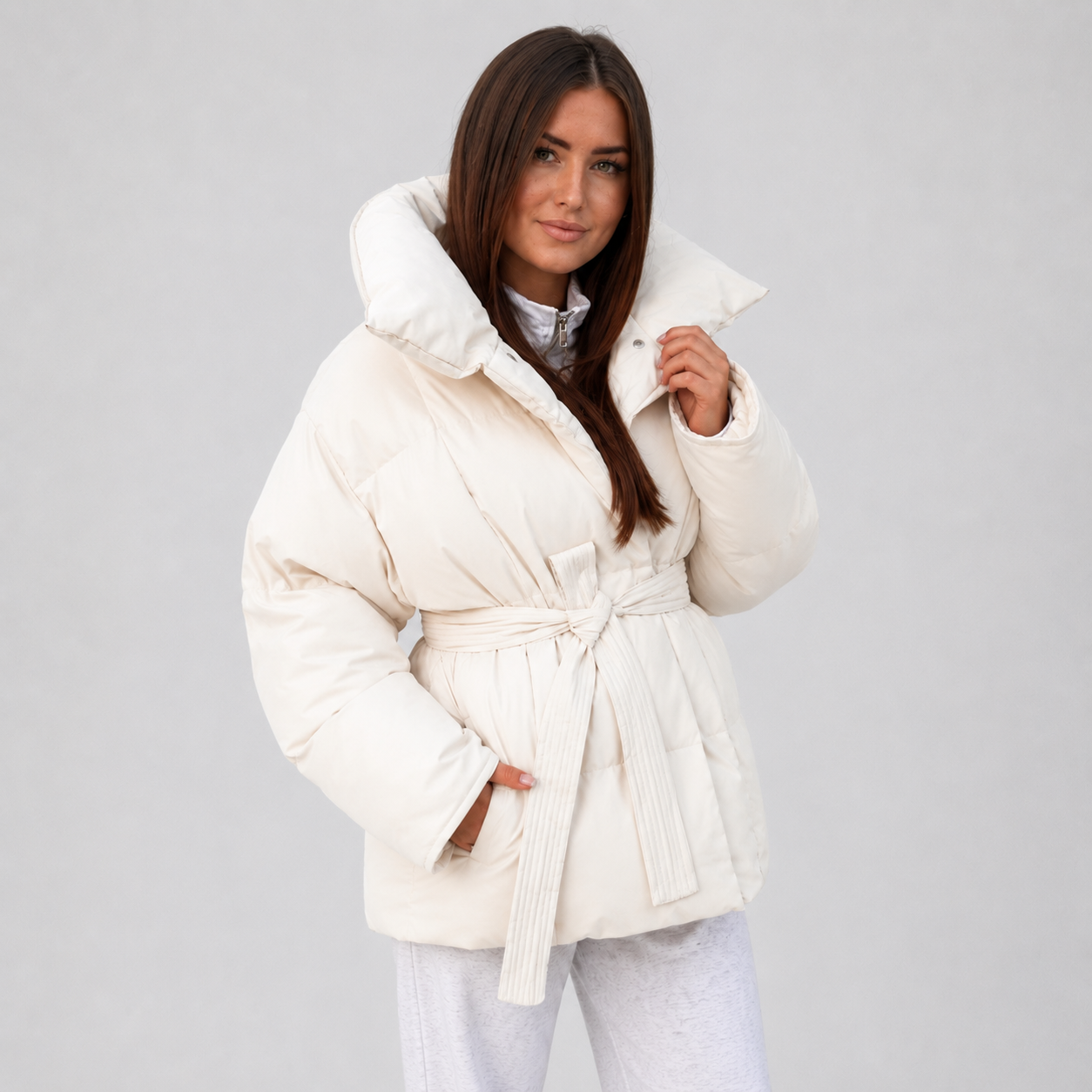 Women's Belted Puffer Coat - Stand Collar Winter Jacket
