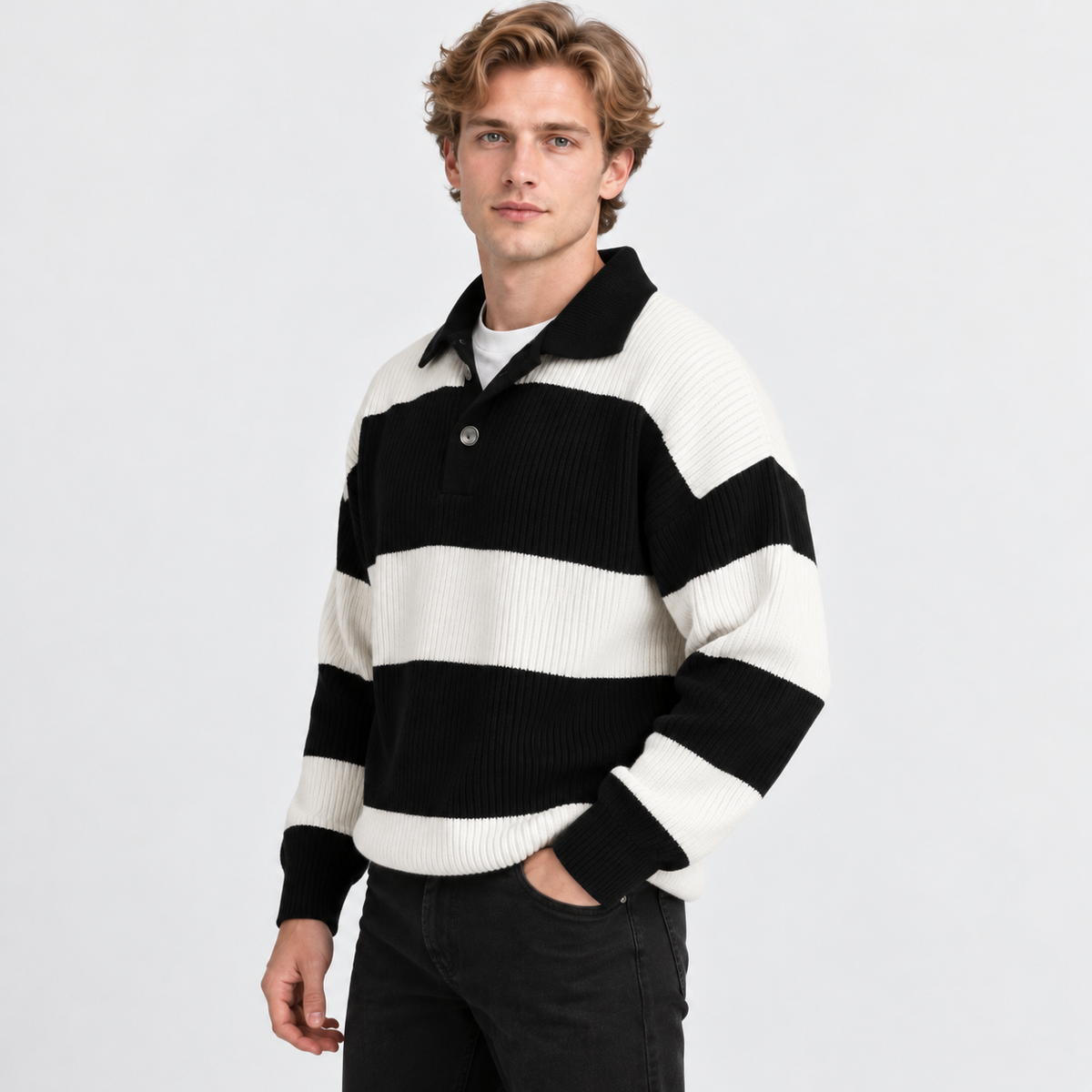 Montviro | Men's Striped Polo Sweater Knit Pullover Half Placket Top