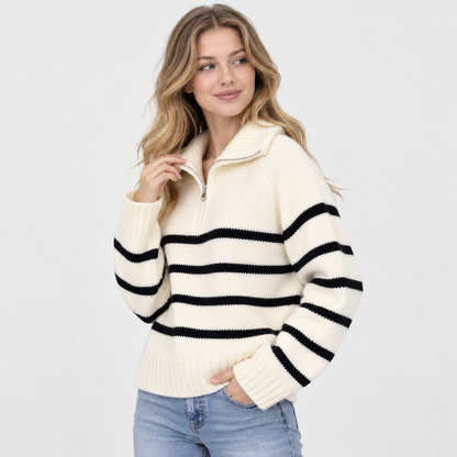 Montviro | Women's Half-Zip Sweater Striped High Neck Knit Pullover