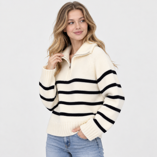 Montviro | Women's Half-Zip Sweater Striped High Neck Knit Pullover