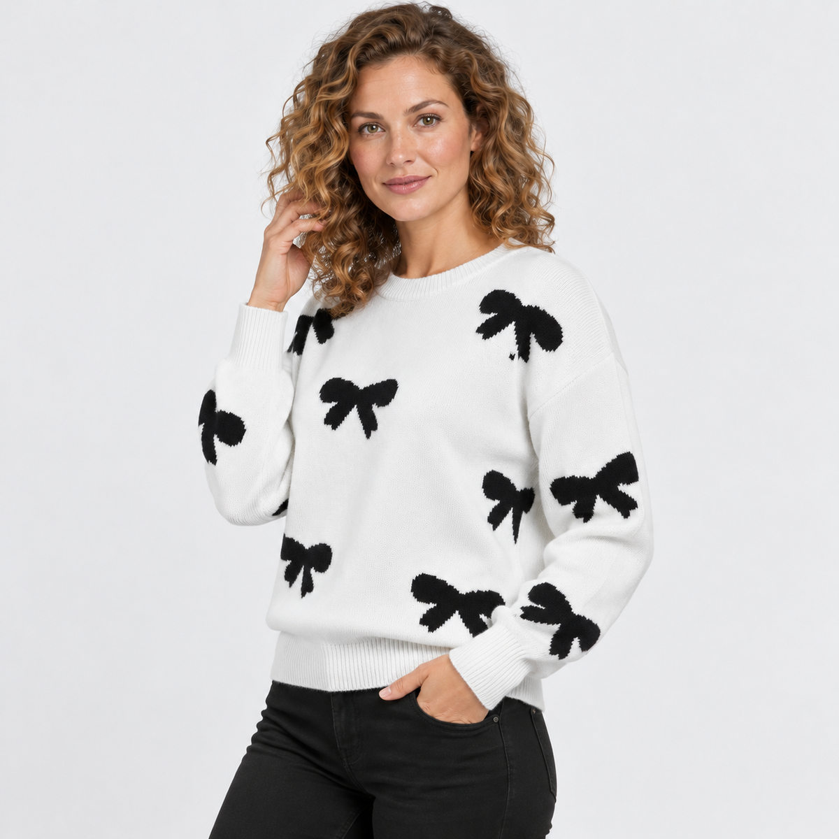 Montviro | Women’s Bow Sweater Knit Crew Neck Butterfly Pattern Pullover