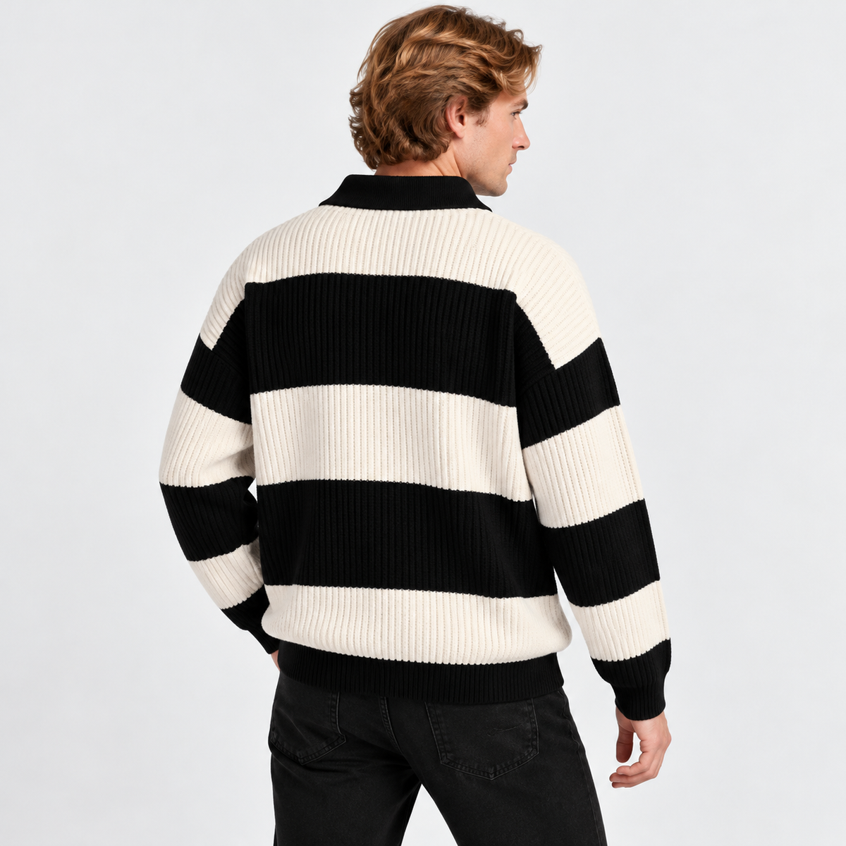 Montviro | Men's Striped Polo Sweater Knit Pullover Half Placket Top