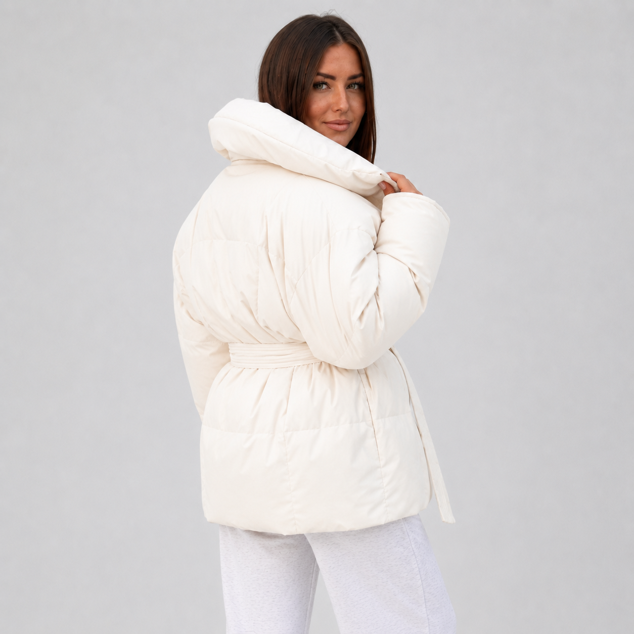 Women's Belted Puffer Coat - Stand Collar Winter Jacket