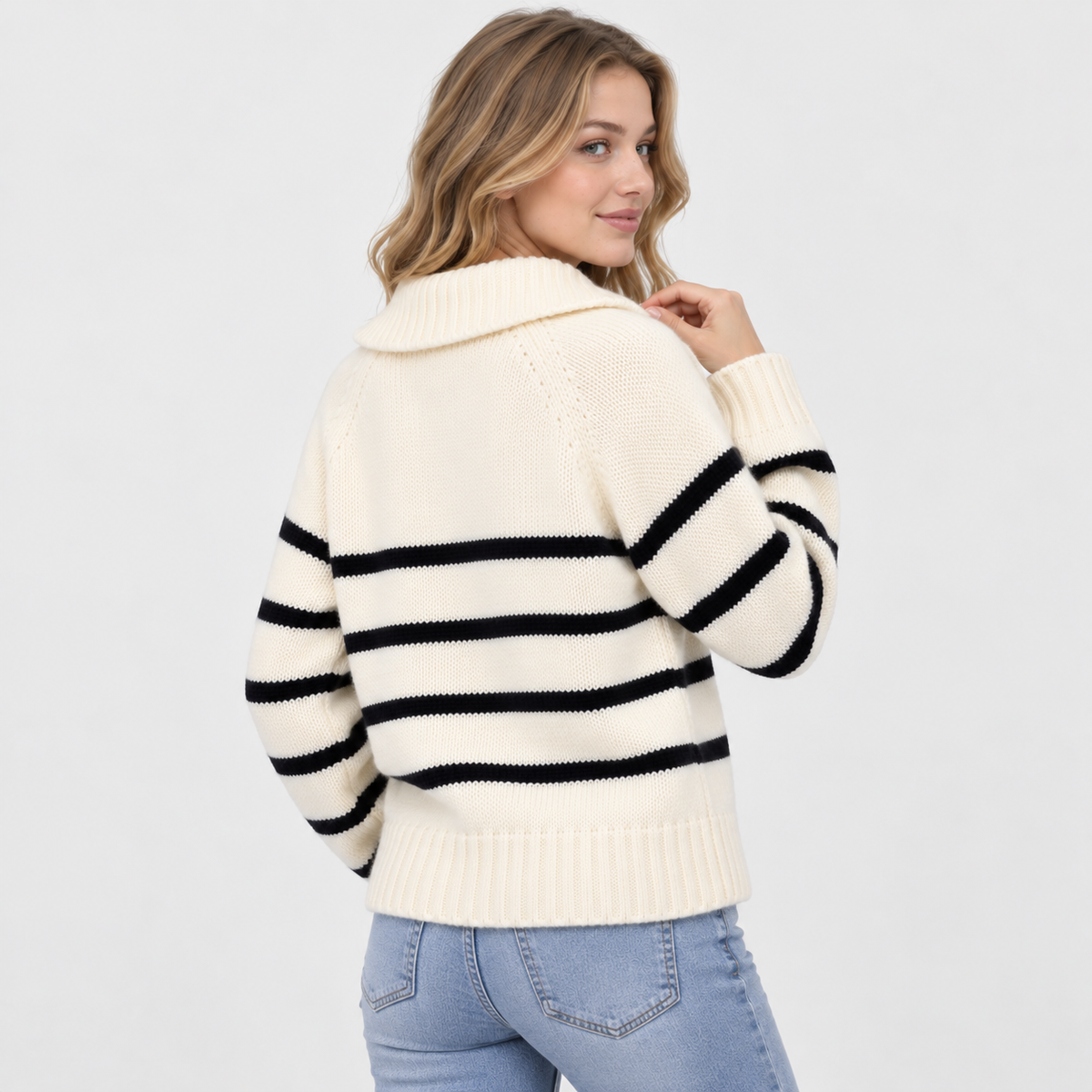 Montviro | Women's Half-Zip Sweater Striped High Neck Knit Pullover