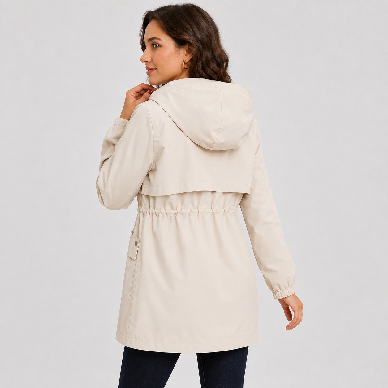 Montviro | Women's Hooded Trench Coat - Drawstring Waist Knee Length