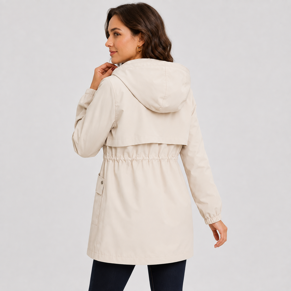 Montviro | Women's Hooded Trench Coat - Drawstring Waist Knee Length