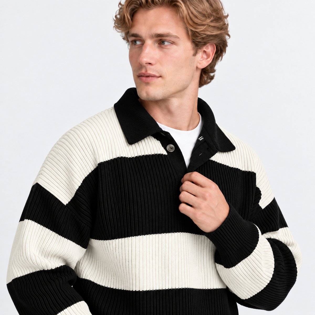Montviro | Men's Striped Polo Sweater Knit Pullover Half Placket Top