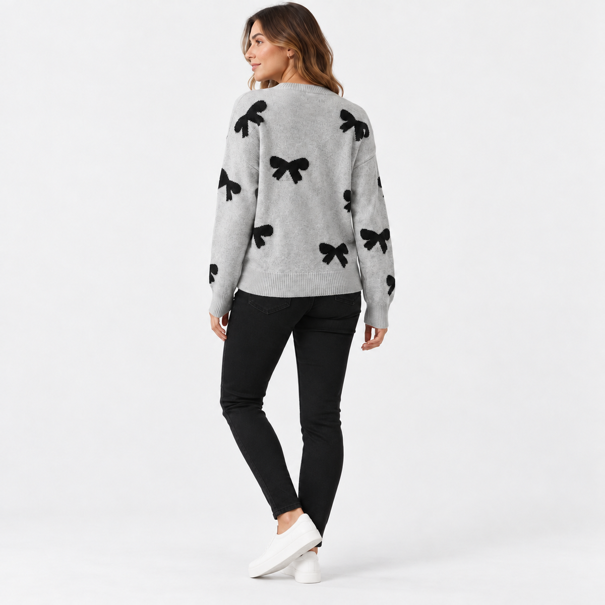 Montviro | Women’s Bow Sweater Knit Crew Neck Butterfly Pattern Pullover