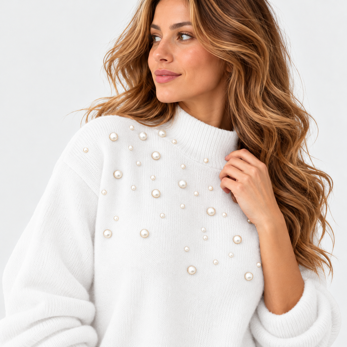 Montviro | Women's Pearl Beaded Pullover Sweater with High Neck