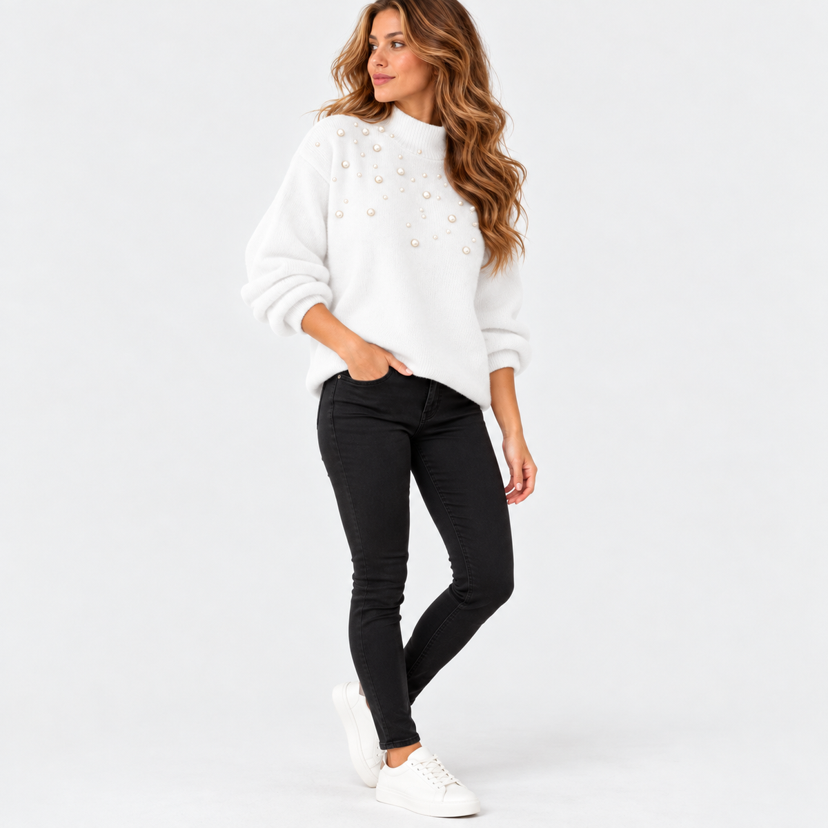 Montviro | Women's Pearl Beaded Pullover Sweater with High Neck