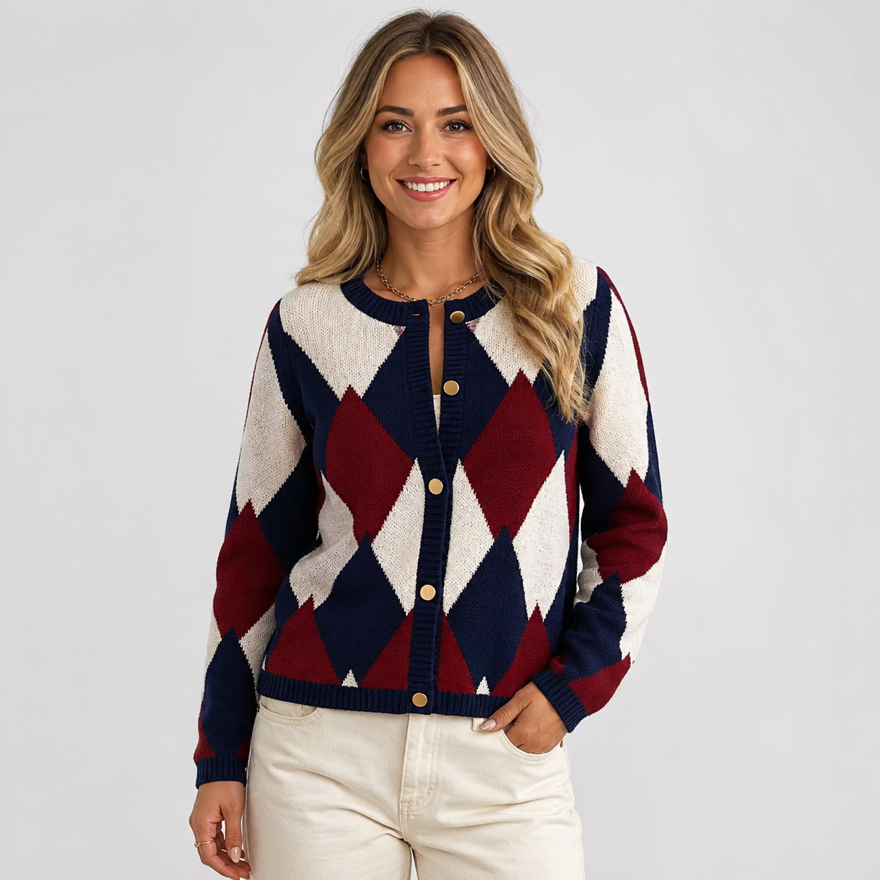 Montviro | Women's Argyle Cardigan - Crew Neck Fall Winter Sweater