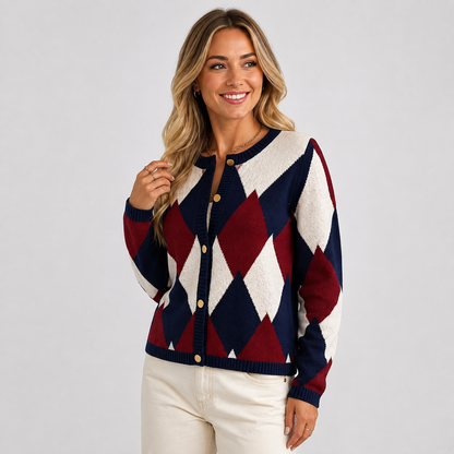 Montviro | Women's Argyle Cardigan - Crew Neck Fall Winter Sweater