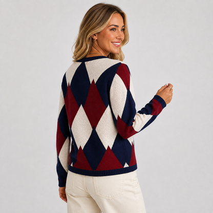 Montviro | Women's Argyle Cardigan - Crew Neck Fall Winter Sweater