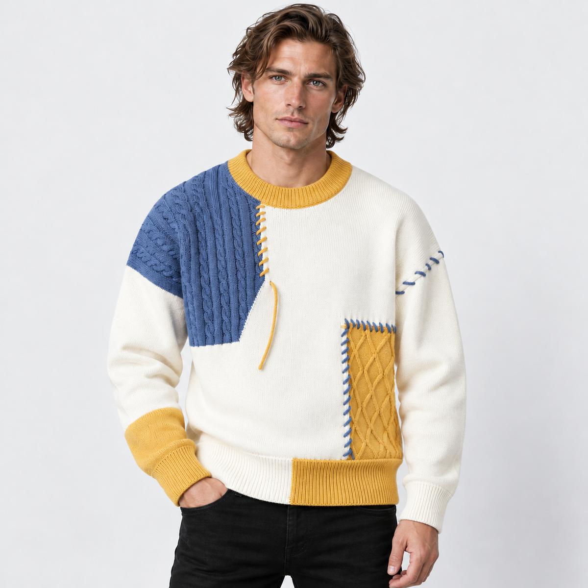 Montviro | Men's Color Block Sweater Knit Crew Neck Casual Winter Top