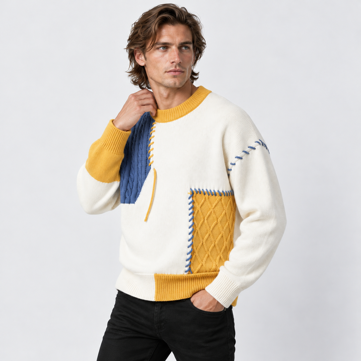 Montviro | Men's Color Block Sweater Knit Crew Neck Casual Winter Top