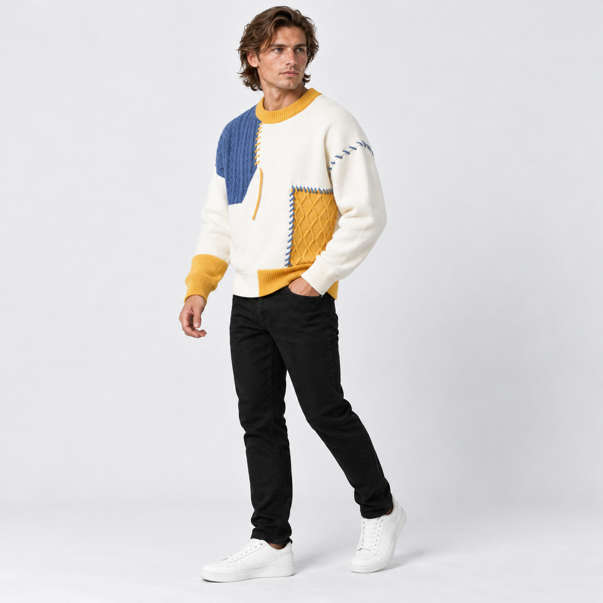 Montviro | Men's Color Block Sweater Knit Crew Neck Casual Winter Top